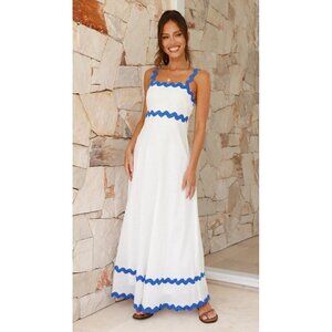 PETAL & PUP Nancy Rickrack Maxi Dress in White/Blue Size Medium